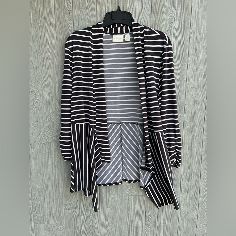 Chico's Deep Brown/Black and White Striped Stretchy Open Front Cardigan Size 2